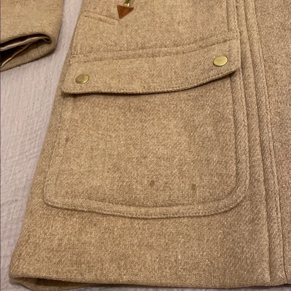 J. Crew Chateau Stadium Cloth Woo Blend Tan Coat with Faux Fur Hood. Size 0